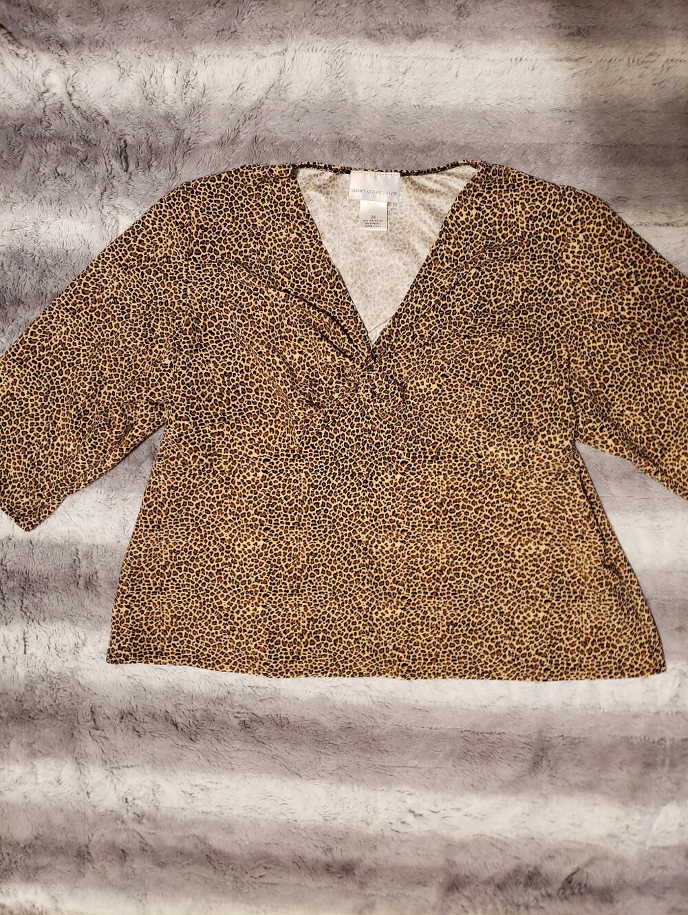 Susan Graver Style Bustier Cut ¾ Sleeve Leopard Print V Neck Ruched Bell Top 2x